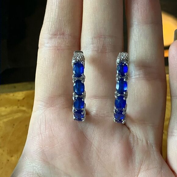 Artistic Blue Spinel Ruby Sterling Silver Hoop Earrings - Picture 2 of 8